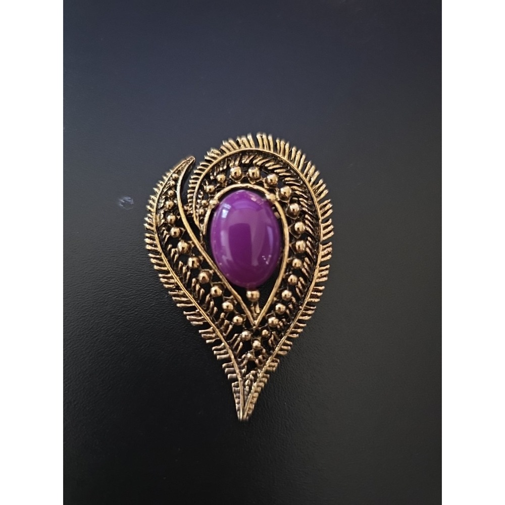 Vintage Purple Teardrop‎ Oval  Elegant Gold Tone Petal Brooch Pin - Picture 2 of 9